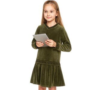 MELANGE (MLNG) Modern Sporty Deep Olive Green Long Sleeve Velvet Dress Girl Sz 8